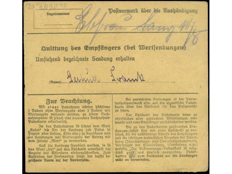 1920, Mailänder-Ausgabe 50 Pfg. und 3 M., vorderseitig auf Paketkarte mit Korkstempel von “MARIENWERDEER -2.8.20” nach Chemni