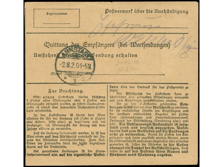 1920, Mailänder-Ausgabe 1 M. dunkelgrün/orangebraun, zwei Werte auf Paketkarte von “CHRISTBURG 27.6.20” nach Arnstadt mit rüc