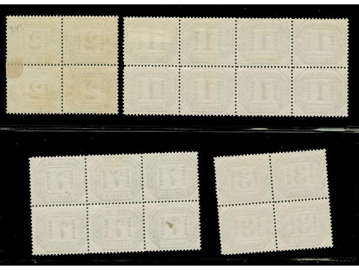 1-7 Kr. in Blockstücken, dabei 2 und 3 Kr. in Viererblocks, 1 Kr. im 8er-Block und 7 Kr. im 6er-Block, ungebraucht, etwa die 