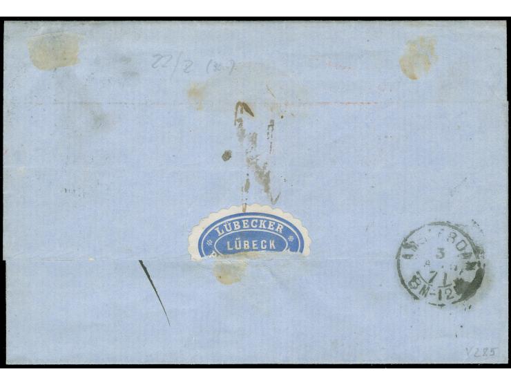 5 Gr. ocker, zusammen mit gezähnter Ausgabe 1 Gr., mit Hufeisenstempel "LÜBECK 1/8 71" auf eingeschriebener Briefhülle nach A