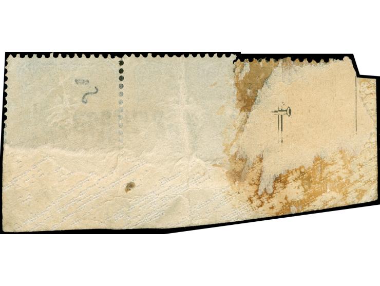 1886/89, Pfennig 50 Pfg. dunkeloliv, waagerechtes Paar mit Plattenfehler “fehlende Spitzenausfüllung im Ornament Mitte oben” 