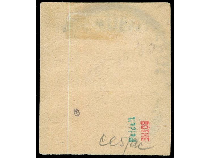 1900/02, Petschili Germania 50 Pfg. dunkelbräunlichlila/rotschwarz auf mattbraunorange, mit Plattenfehler “obere Randlinie na