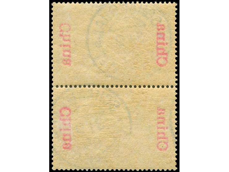 1901, Germania Reichspost 3 M. violettschwarz, senkrechtes Typenpaar mit oberer Marke in Type II, sauber gestempelt “SCHANGHA