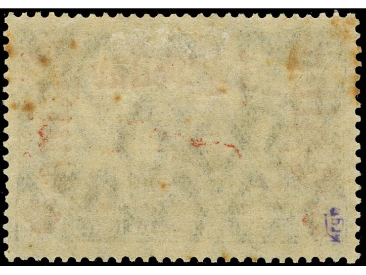 1906/19, Germania mit Wz. Kriegsdruck gez. 25:17 Wertaufdruck Rechts 1 ½ D. auf 3 M. schwarzviolettgrau Aufdruck dunkelzinnob
