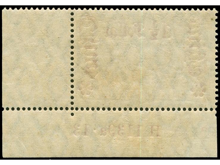 1906/19, Germania mit Wz. Friedensdruck 1 ½ D. auf 3 M. schwarzbraunviolett, rechte untere Bogenecke mit Aufdruck-HAN “H 1139