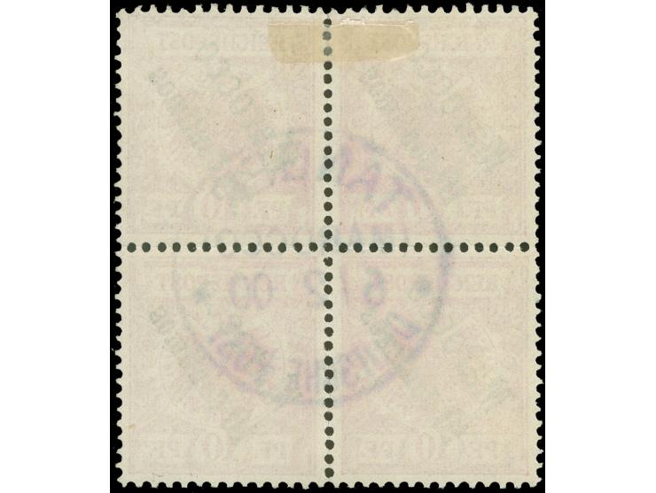 1899, Krone/Adler 10 C. auf 10 Pfg. lilarot, Viererblock, sauber gestempelt “TANGER 6/2 00”, Zähnung zwischen den beiden ober