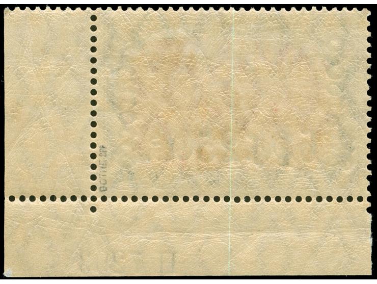 1906, Germania mit Wz. 6 Pes. 25 Cts. grünschwarz/dunkelkarmin, rechte untere Bogenecke mit Hausauftragsnummer “H 7293”, saub