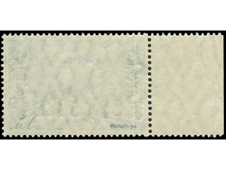 1911, Germania mit Wz. 2 Pes. 50 Cts. auf 2 M. schwärzlichblau, Kriegsdruck 25:17 Zähnungslöcher, linkes Seitenrandstück mit 