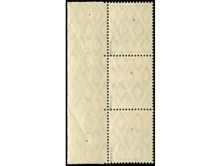 1911, Germania mit Wz. 60 C. auf 50 Pfg. dunkelbräunlichlila/schwarz auf mittelchromgelb, senkrechter Dreierstreifen vom rech