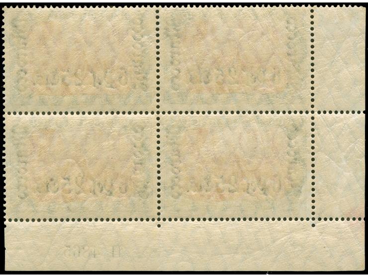 1906, Germania mit Wz. 6 Pes. 25 Cts. auf 5 M. grünschwarz/dunkelkarmin, Viererblock aus der linken unteren Bogenecke mit Auf