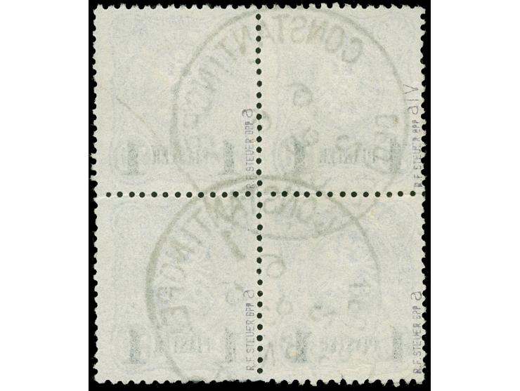 1884, Aufdruck auf Pfennig Aufdruck schwarz 1 Pia. auf 20 Pfg. lebhaftviolettultramarin, Viererblock mit Plattenfehler “breit