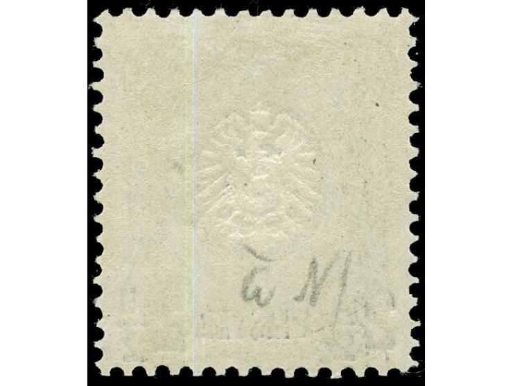 1884, Pfennig 2 ½ P. auf 50 Pfg oliv, Nachdruck, mit Plattenfehler “aufgebrochene Spitze Mitte oben”, sauber ungebraucht, tad