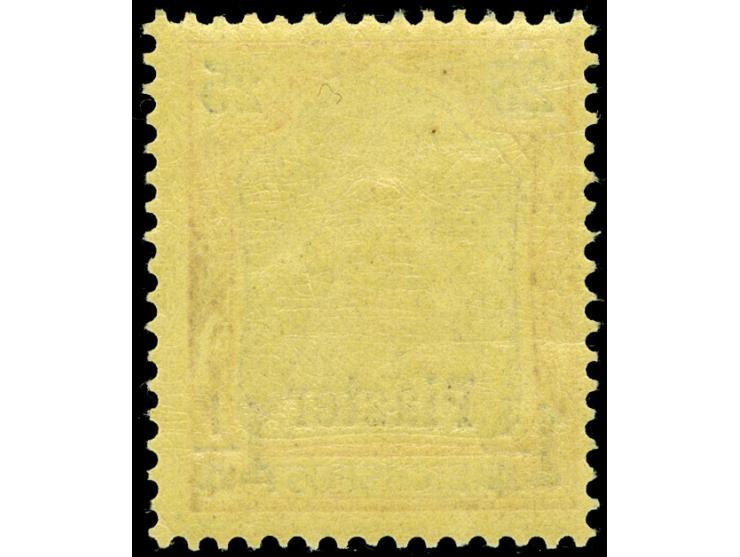 1900, Aufdrucktype I 1 ¼ Pia. auf 25 Pfg. rötlichorange/gelbschwarz auf hellgelb, mit Plattenfehler “blasenförmiger weißer Fl