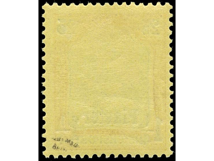 1900, Aufdrucktype I 1 ¼ Pia. auf 25 Pfg. rötlichorange/gelbschwarz auf hellgelb, mit &nbsp;Plattejnfehler “Anstrich des R vo
