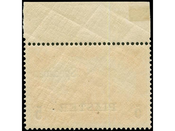 1902/04, Aufdrucktype II 5 Pia. auf 1 M. dunkelkarminrot, Oberrandstück mit Aufdruck “Specimen”, postfrisch, Falzrest im Ober