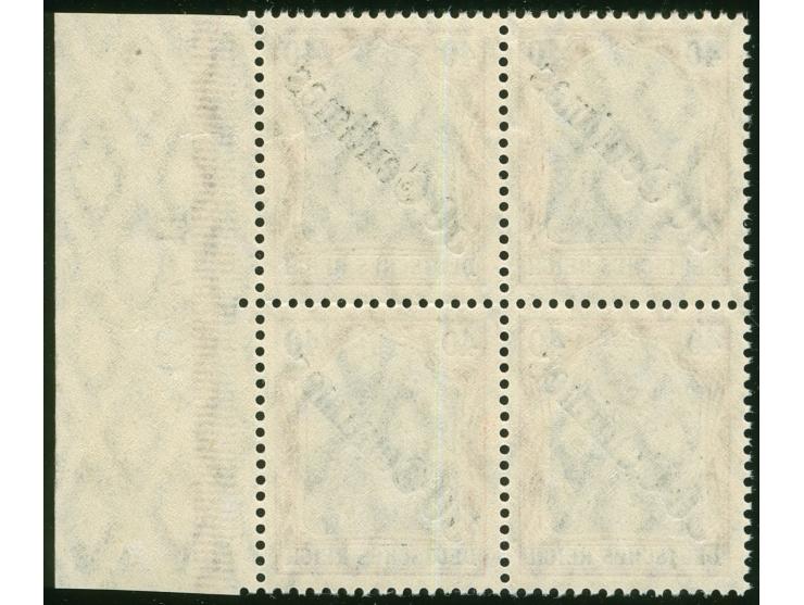 1908, Diagonalaufdruck 50 C. auf 40 Pfg. dunkelrötlichkarmin/schwarz, Viererblock mit rechtem Seitenrand und Ur-HAN “H 7259”,
