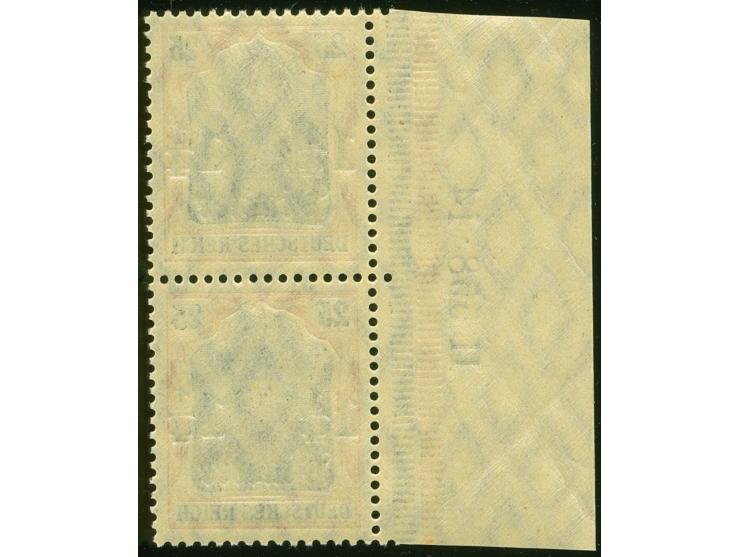 1905/13, Germania mit Wz. 1 ¼ Pia. auf 25 Pfg. dunkelrötlichorange/gelbschwarz auf hellgelb, senkrechtes Paar mit linkem Boge
