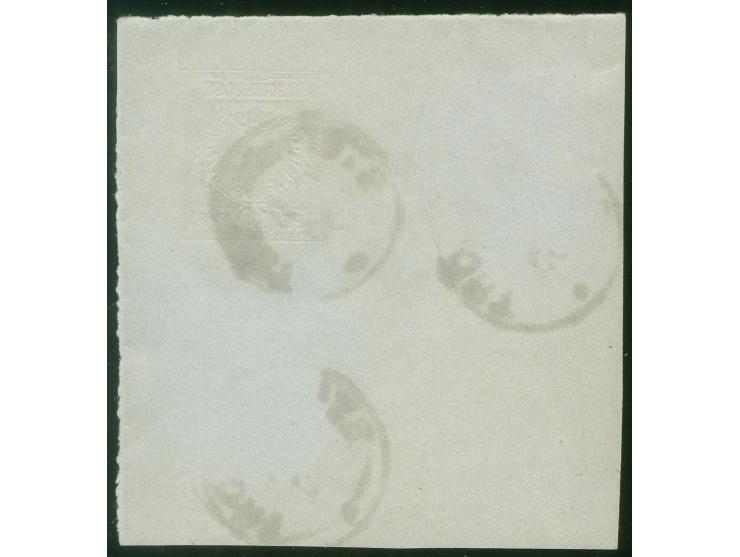 1890/98, Krone/Adler 5 Pfg. grün und 20 Pfg. mittelultramarin, gemeinsam auf Ganzsachenausschnitt 10 Pfg. Krone/Adler mit Ste