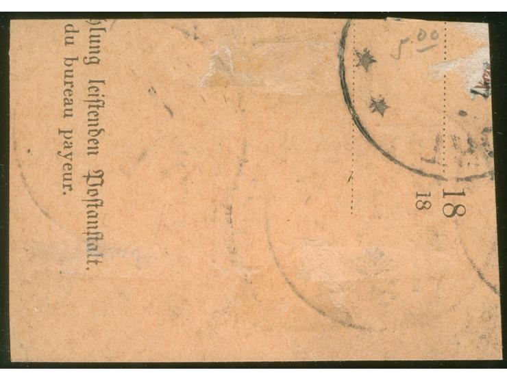 1898, Krone/Adler 50 Pfg. lebhaftrotbraun, waagerechtes Paar, sauber gestempelt “STEPHANSORT *** 1/7 98” auf Postanweisungsau