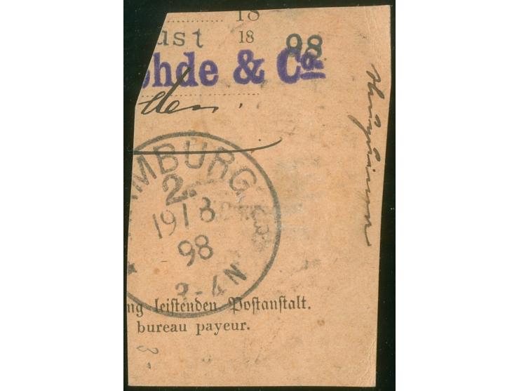 1898, Krone/Adler 50 Pfg. lebhaftrötlichbraun, waagerechtes Paar, sauber gestempelt “STEPHANSORT *** 20/6 98” auf Postanweisu