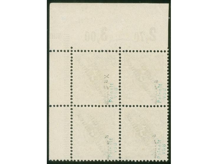 1897, Aufdruckausgabe 3 Pfg. dunkelockerbraun, Viererblock als rechte obere Bogenecke mit Aufdruckfehler “unterer Bogen des t