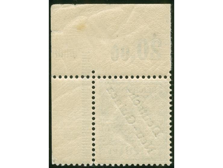 1897, Aufdruckausgabe 20 Pfg. violettultramarin, rechte obere Bogenecke mit Aufdruckfehler “unterer Bogen des t in Deutsch ve