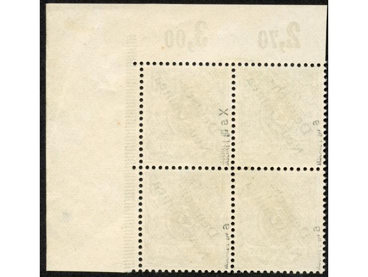 1897, Aufdruckausgabe 3 Pfg. dunkelockerbraun, Viererblock, rechte obere Bogenecke mit Aufdruckfehler “unterer Bogen des t in