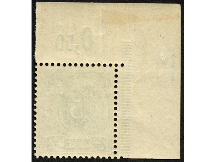 1893, waagerechter Aufdruck 15,4 mm breit 3 P. auf 5 Pfg. opalgrün, linke obere Bogenecke, postfrisch, Falzreste im Oberrand,