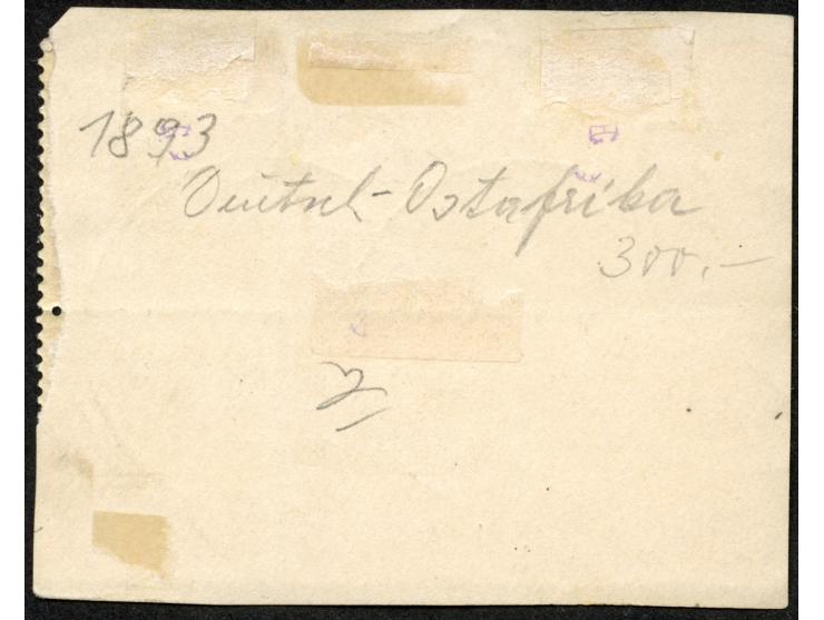 1893, waagerechter Aufdruck 15,4 mm breit 5 P. auf 10 Pfg. mittelrot, ocker quarzend, Sechserblock, sauber gestempelt “DEUTSC