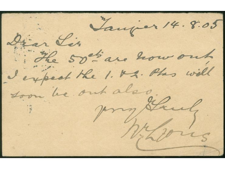 1903, Antwortkarte 10 Pfg. mit Stpl. “TANGER DEUTSCHE POST 15/8 05” nach Nürnberg, mit Ankunftsstempel; links unten etwas büg