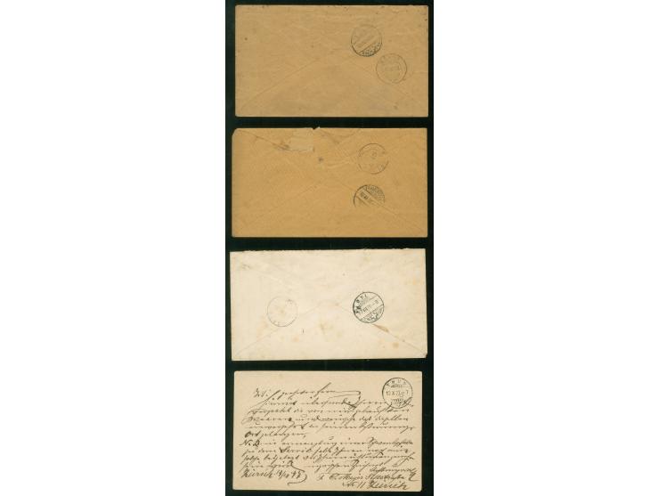 1876/81, Sitzende Helvetia sieben Briefe/Karten mit meist sauberen Abstempelungen, teils Mängel.