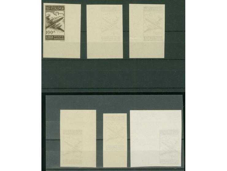 1953, Lockheed Constellation 100 pia. imperforated six color trial proofs in different colours, all with sheet margin on gumm