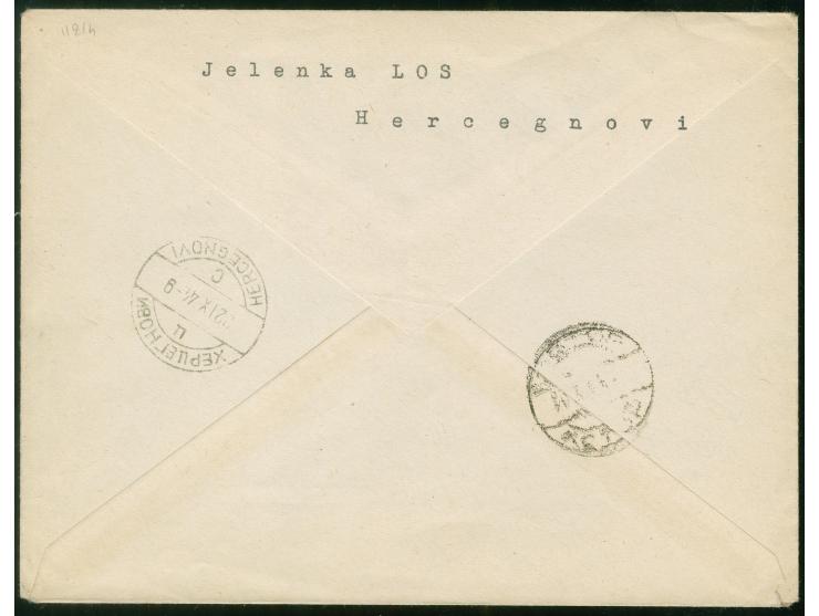 1944, set of 9 revenue stamps 5 c. to 6 l. tied by "HERCEGNOVI 14.IX.44" cds. to registered cover with arrival mark on revers