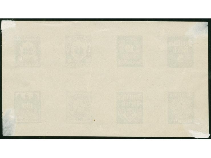 1922, Essays zu einer nicht realisierten Ausgabe “Eichenlaub und Ziffern” 5-100 Pfg., acht verschiedene Entwürfe in Schwarz i