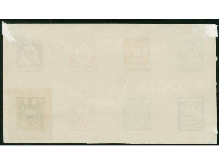 1922, Essays zu einer nicht realisierten Ausgabe “Eichenlaub und Ziffern” 5-100 Pfg., acht verschiedene Entwürfe mehrfarbig i