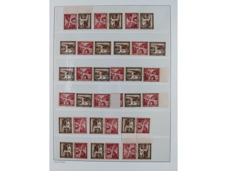 1936/37, Winterhilfswerk Schiffe und Moderne Bauten fünf Heftchenblätter HBL (107B-110B), drei vom Eckrand, dazu über 80 Zusa
