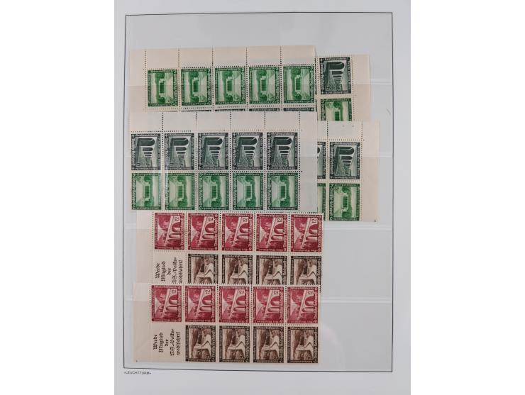 1936/37, Winterhilfswerk Schiffe und Moderne Bauten fünf Heftchenblätter HBL (107B-110B), drei vom Eckrand, dazu über 80 Zusa