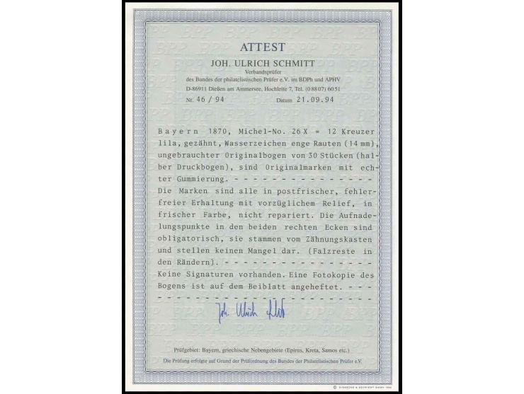 12 Kreuzer lila im kpl. Schalterbogen von 30 Marken mit allseits breiten Rändern, sehr schön farbfrisch, im Rand Falzspuren, 