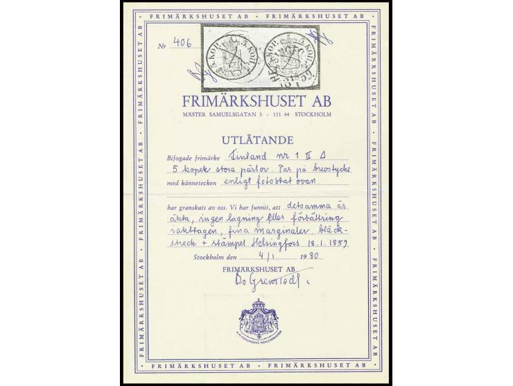1856, 5 K. blau im waagerechten Paar, allseits gut gerandet mit Federkreuz und Stempel "HELSINGFORS 18 1 59" auf kleinem Brie