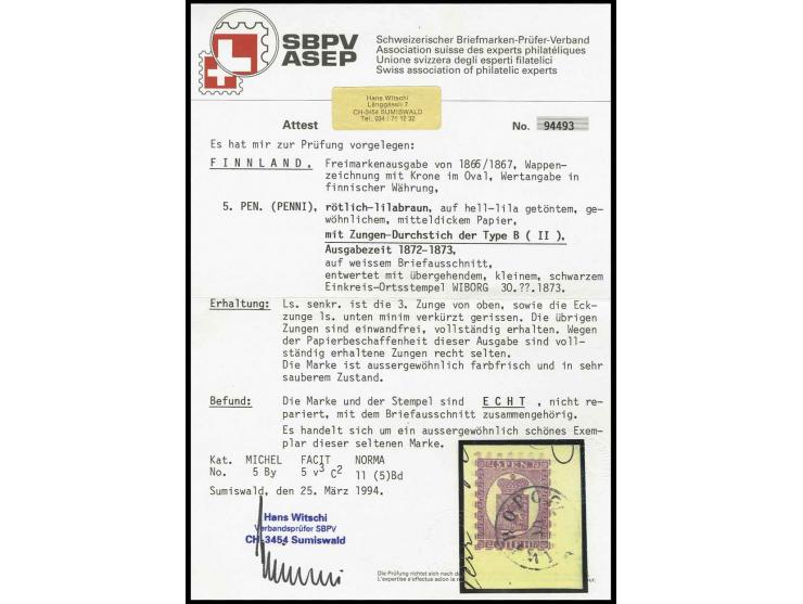 5 P. rötlich-lilabraun auf hell-lila getöntem Papier, Durchstich B, farbfrisch mit sauberem EKr. "WIBORG 30. .. 1873" auf Bri