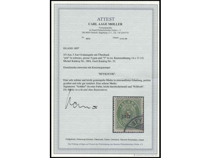1897, "thrir"-Aufdrucke: 3 auf 5 A. in Type I, gez. 14:13 1/2 mit Tempel "REYKJAVIK", Pracht, sign. Bloch und private Signatu