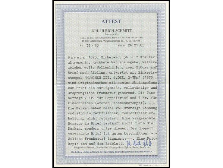 1875, Wasserzeichen weite Wellenlinien: 7 Kreuzer ultramarin, zwei Einzelwerte, farbfrisch und gut gezähnt mit EKr. "MÜNCHEN 