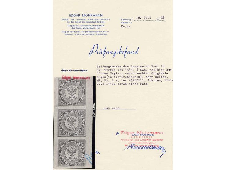 1863, 6 K. grauultramarin auf dünnem Papier im Originalbogen (senkrechter 4er-Streifen), ungebraucht ohne Gummi, zwischen 2. 