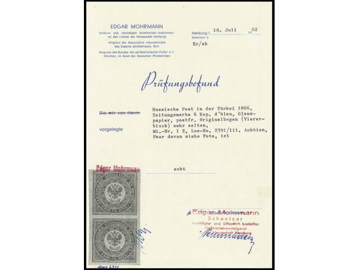 6 K. dunkelblau auf Glanzpapier im Originalbogen zu 4 Stück, im Rand Falzspuren und dünne Stelle, Marken postfrisch und sign.