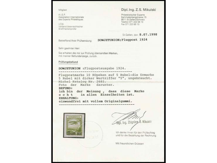 Flugpost 10 K. auf 5 R. mit dicker Wertziffer, ungebraucht, Pracht, Fotoattest Mikulski