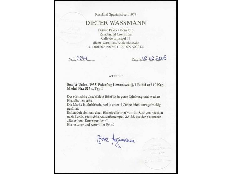 1 R. (Zahnfehler und kleiner roter Punkt im Eckrand) auf Luftpost-R-Brief (Rosenberg-Korrespondenz) von "MOSKWA 31.8.35" nach