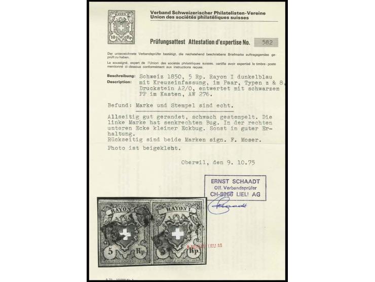 5 Rp. schwarz/dunkelblau/rot im waagerechten Paar der Typen 7 und 8, allseits gut gerandet mit jeweils Ra. "P.P." (AW Nr. 276