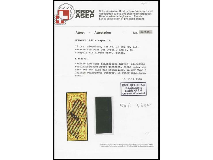 15 C. ziegelrot im senkrechten Paar (Type 3 und 5), allseits gut gerandet mit klaren eidgenössischen Rauten, untere Marke lei