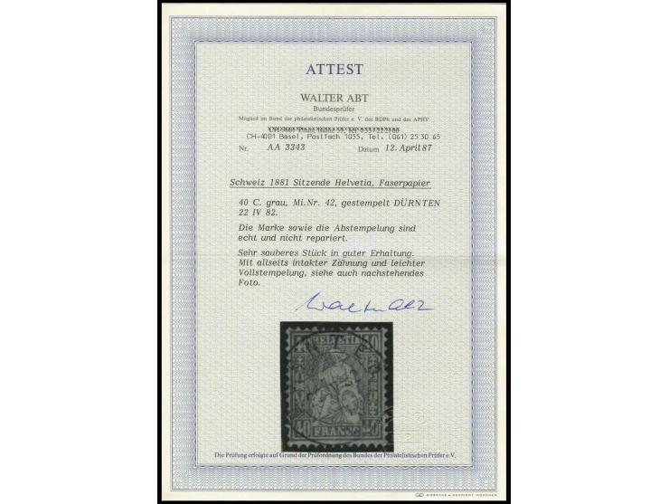 1881, Sitzende Helvetia auf Faserpapier: 40 C. grau mit zartem zentrischem Stempel "DÜRNTEN 22.IV.82", Kabinett, jeweils Foto