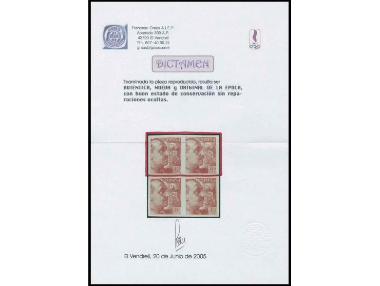 1939, Generalissimo Franco 40 C., ungezähnter Probedruck in rot im waagerechten Paar, postfrisch, Pracht, selten, Edifil nich
